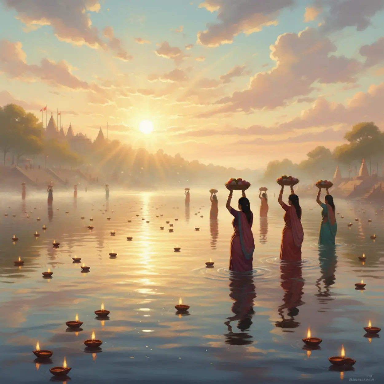 Free Download Traditional Attire Women Chhath Puja Background Scene - High Quality Chhath Puja Background Background Image