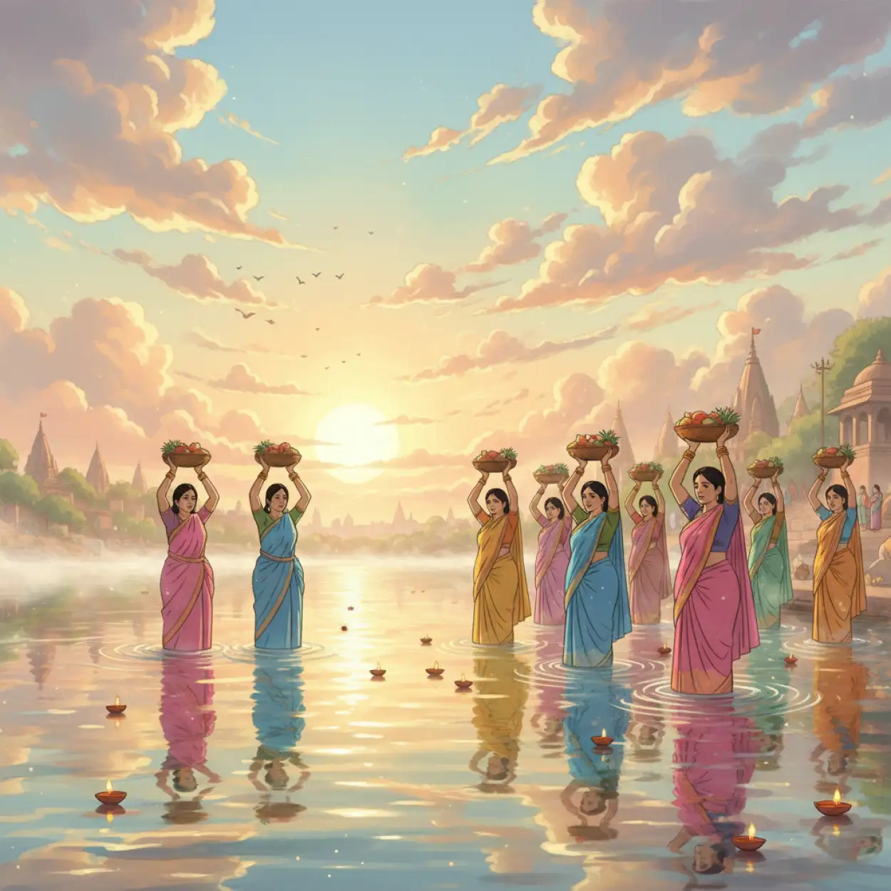 Free Download Traditional Chhath Puja Background With Diya And Soop - High Quality Chhath Puja Background Background Image