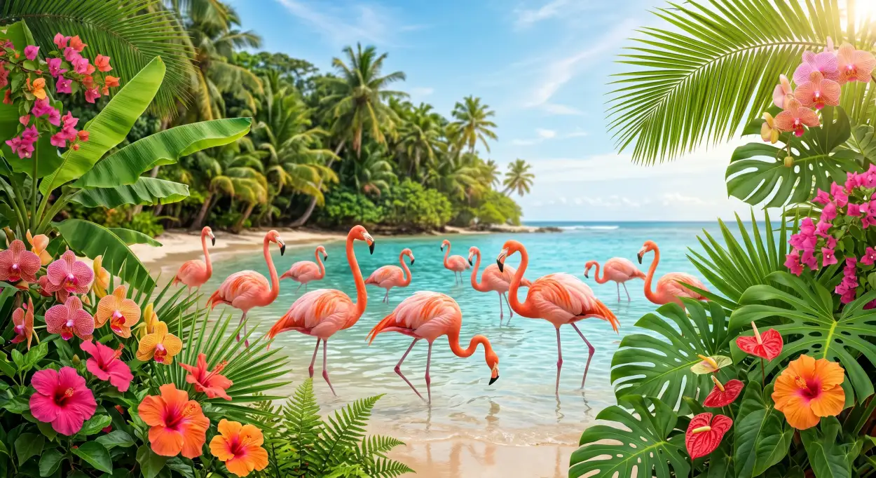Free Download Tropical Summer Background With Flamingo And Palm Leaves - High Quality Summer Background Background Image