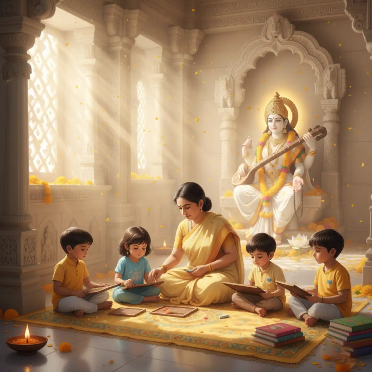 Vasant Panchami Background With Kids Praying Saraswati - Royalty Free Vasant Panchami Background Image | Pngmagic Free Download Vasant Panchami Background With Kids Praying Saraswati - High Quality Vasant Panchami Background Background