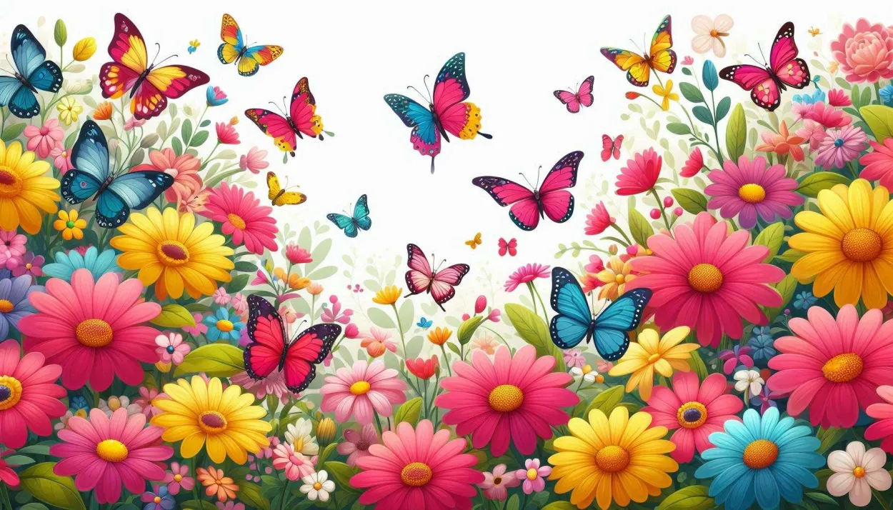 Free Download Vibrant Butterfly Garden With Colorful Flowers And Fluttering Butterflies - High Quality Background