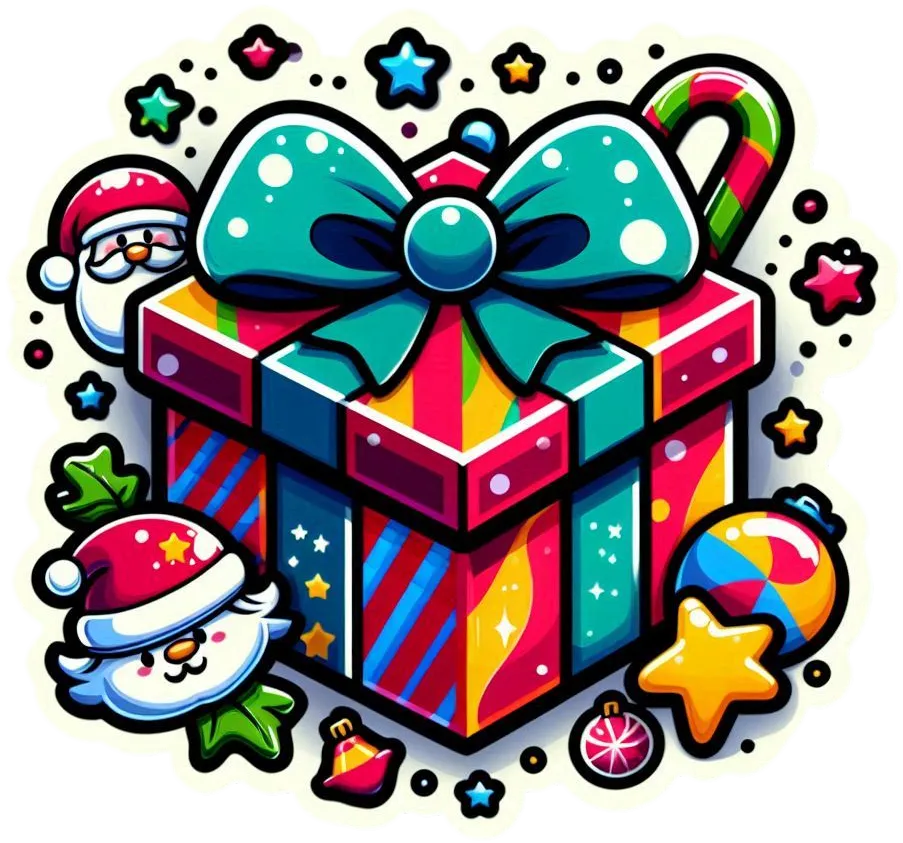 Vibrant Christmas Gift Box With Cartoon-themed Prints - Royalty Free Gift Box Image | Pngmagic Free Download Vibrant Christmas Gift Box With Cartoon-themed Prints - High Quality Gift Box PNG Image