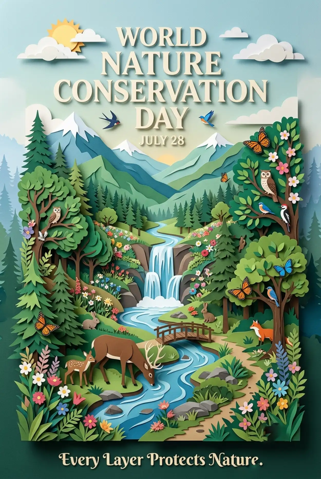 Free Download Waterfall And Forest Conservation Poster - High Quality World Nature Conservation Day 2026 Image