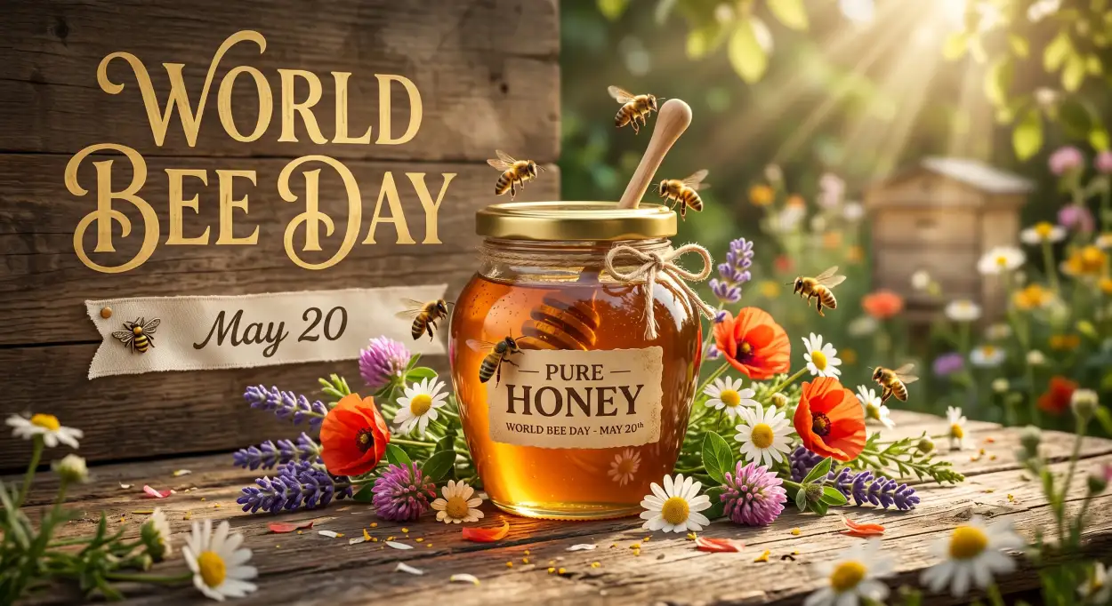 Free Download World Bee Day 2026 Golden Honey Theme - High Quality World Bee Day 2026 Image